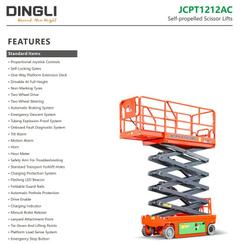 Dingli JCPT1212AC scissor lift raised, with its standard features list – rental in Johor