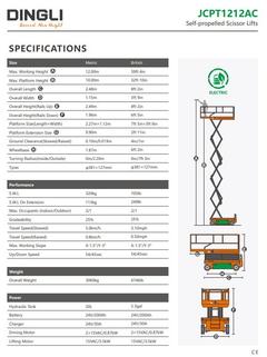 Dingli JCPT1212AC 12m scissor lift specification sheet and dimension drawings – rental in Johor