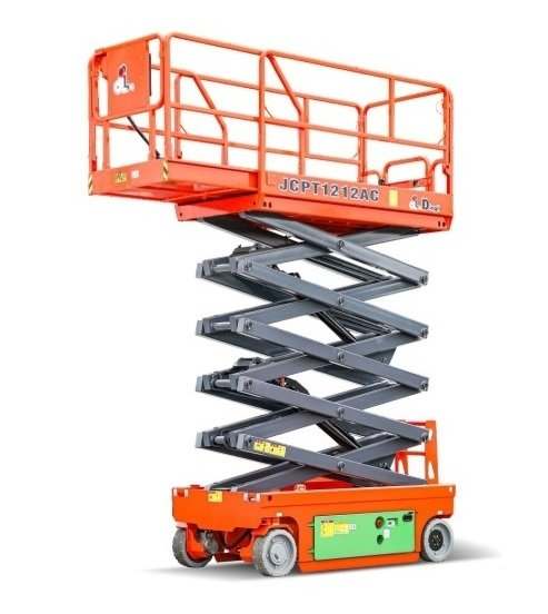 Dingli JCPT1212AC 12m electric scissor lift with platform raised, side view – rental in Johor