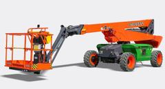 Dingli 18m electric boom lift with boom lowered and platform forward, side view – rental in Johor