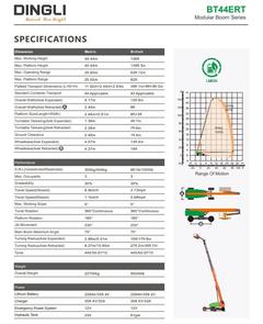 Dingli BT44ERT specification sheet with range-of-motion chart – telescopic boom lift rental in Johor
