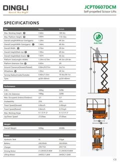 Dingli JCPT0607DCM specification sheet and dimension drawings – battery scissor lift rental in Johor