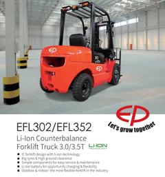 EP EFL302 Li-ion counterbalance forklift parked in an empty warehouse – forklift rental in Johor
