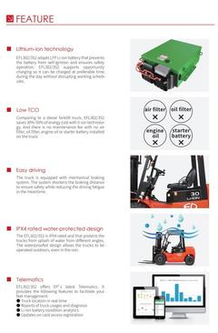 EP EFL302/352 feature sheet on LFP battery, running costs, IPX4 and telematics – forklift rental in Johor