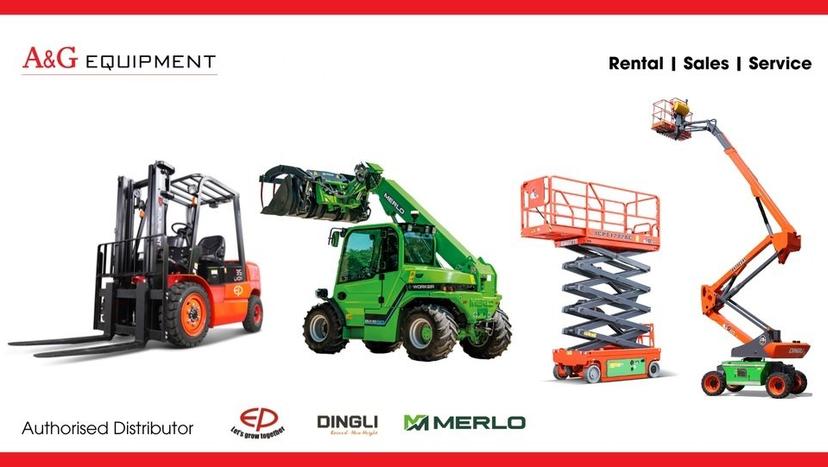 EP forklift, Merlo telehandler and Dingli scissor and boom lifts parked ready for rental in Johor