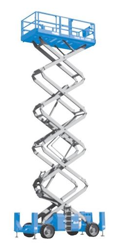 Genie GS-3390 RT rough-terrain scissor lift with platform fully raised – rental in Johor